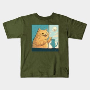 Lovely illustration of happy cat and kitty playing on the windowsill Kids T-Shirt